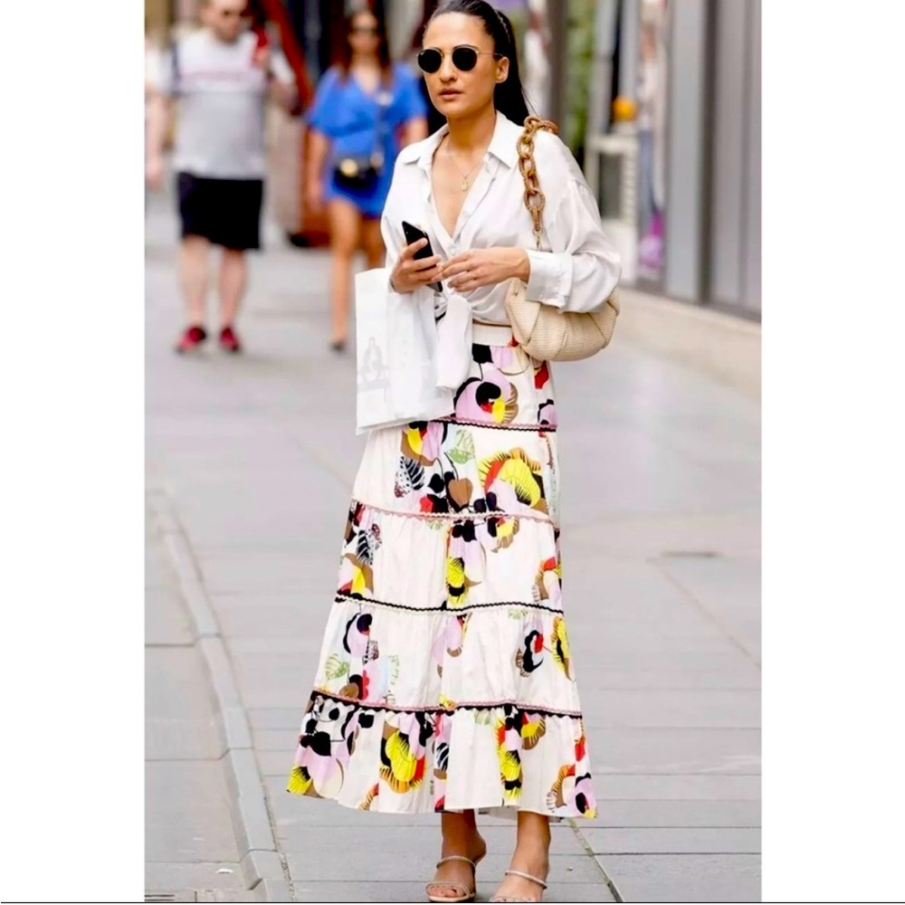 Zara Floral Print Long Skirt Tiered Multicolor Size Small Maxi Midi EUC